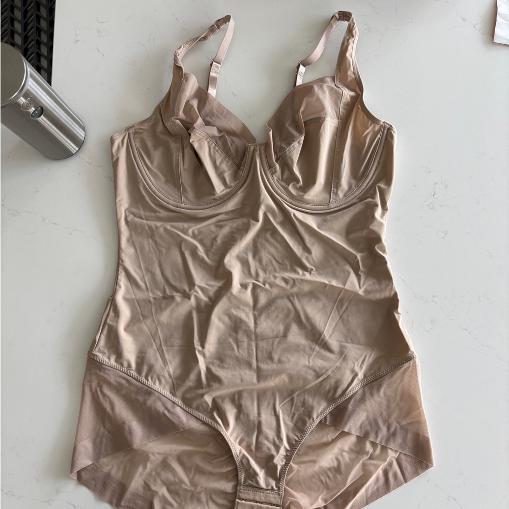 Tan Shapewear Bodysuit with Adjustable Straps and Molded Cups